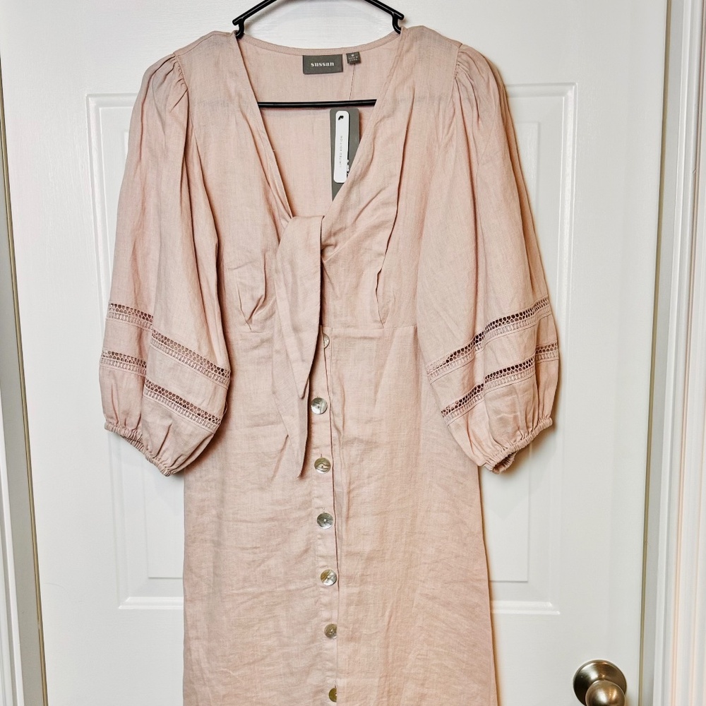 Sussan Australia Dusty Rose Linen Dress with V Neck Tie Front 3/4 Sleeve, NWT.